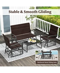 Costway 4 Piece Patio Gliding Set with Tempered Glass Coffee Table Quick Dry Foam Poolside