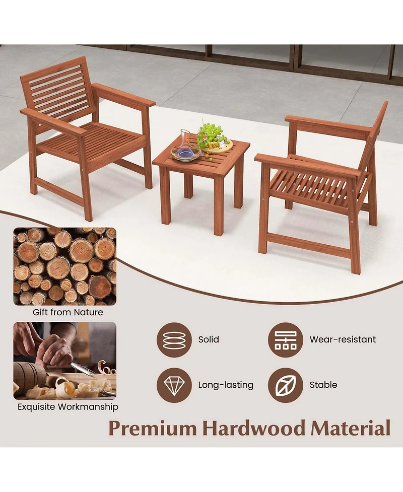 Costway 3 Pcs Patio Furniture Set with 2 Seat Cushions Coffee Table Solid Wood Chairs