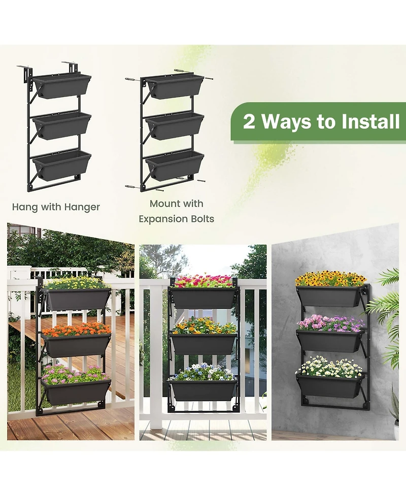 Costway Hanging Vertical Planter with 3 Planter Boxes & Detachable Hooks for Flowers