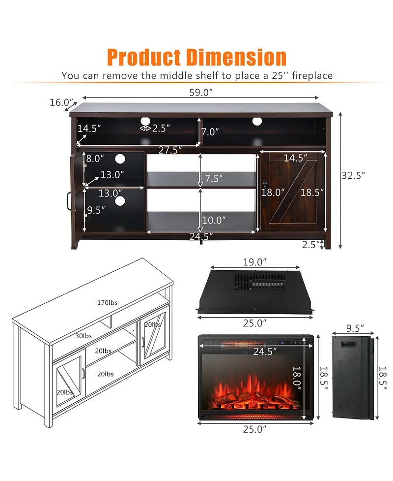 Gymax 59'' Fireplace Tv Stand W/ 25'' 1350W Electric Fireplace Heater Coffee