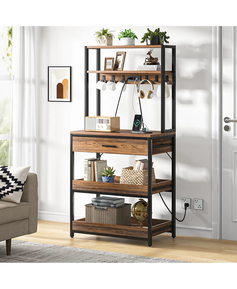 Tribesigns Bakers Rack with Power Outlets, 5-Tier Kitchen Storage Shelf, Microwave Oven Stand with Drawer, Kitchen Rack with 6 Hooks