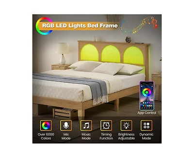 gaomon Full Bed Frame with Natural Rattan Headboard, Full Size Platform Bed Frame with Led Lights and Storage Headboard, Strong Wood Slats Support, No
