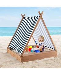 Wooden Sandbox with Canopy Tent Design Fir Wood Frame 2 Bench Seats Bottom