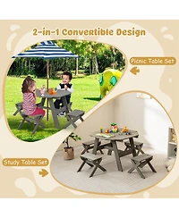 Kids Wooden Table Set with Octagon 4 Stools & Removable Adjustable Umbrella