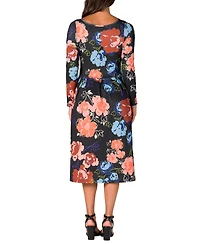 24seven Comfort Apparel Women's Black Floral Midi Length Long Sleeve Pocket Dress