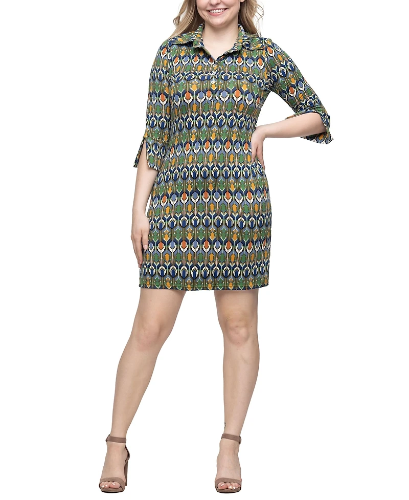 24seven Comfort Apparel Women's Green Print Three Quarter Sleeve Mini Dress