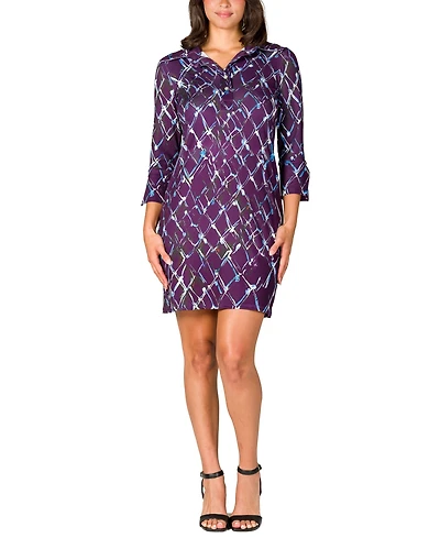 24seven Comfort Apparel Women's Purple Print Three Quarter Sleeve Mini Dress