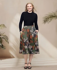 24seven Comfort Apparel Women's Print Elastic Waist Pocket Midi Skirt