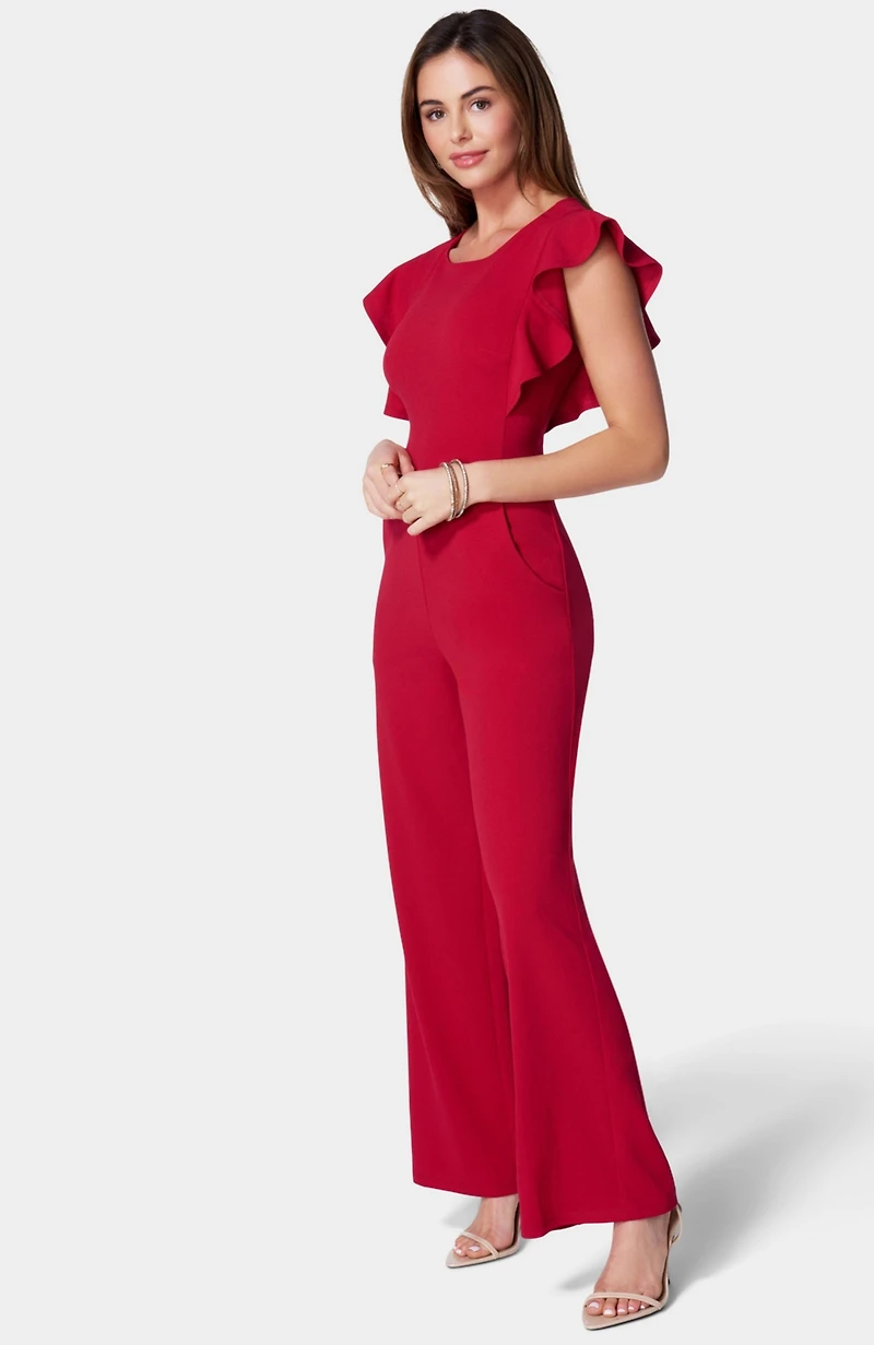 Bebe Women's Scuba Crepe Jumpsuit With Ruffle Sleeve