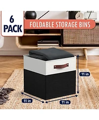 Ornavo Home 6 Pack Collapsible Linen Storage Cube Bin with Leather Handles - 11 Inch