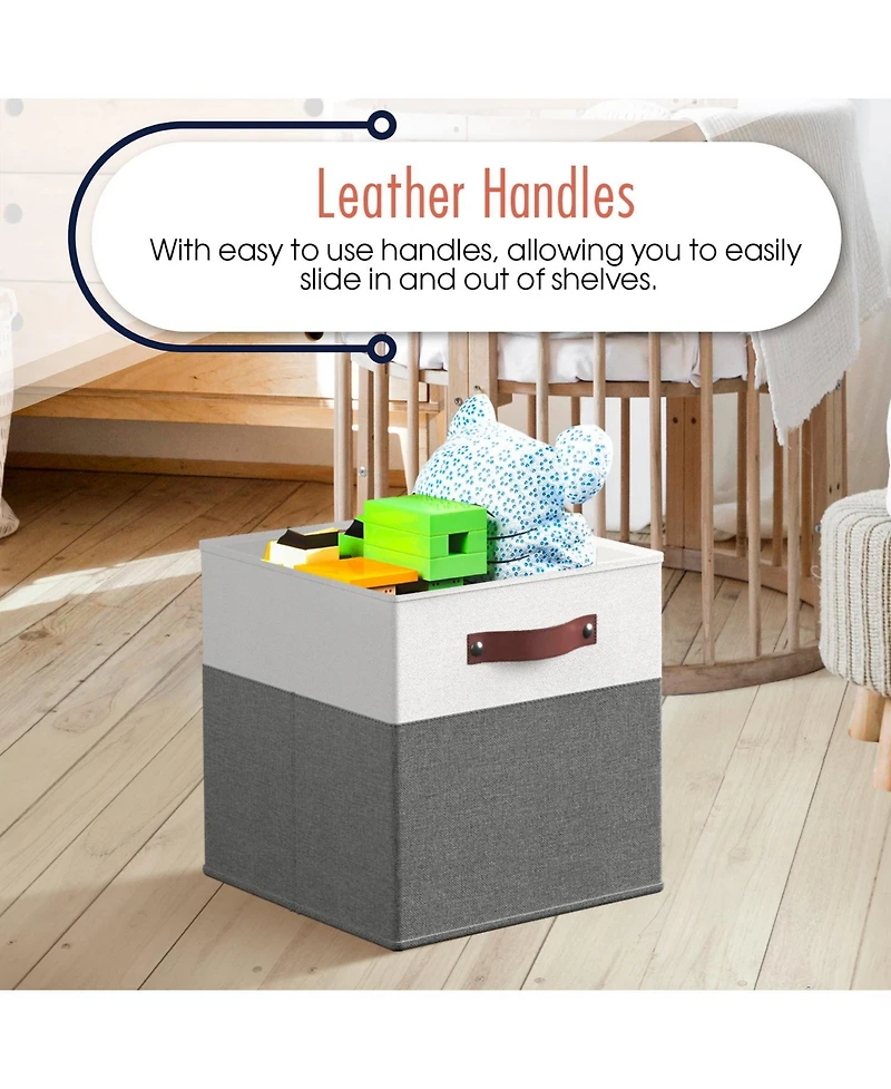 Ornavo Home 6 Pack Collapsible Linen Storage Cube Bin with Leather Handles - 11 Inch