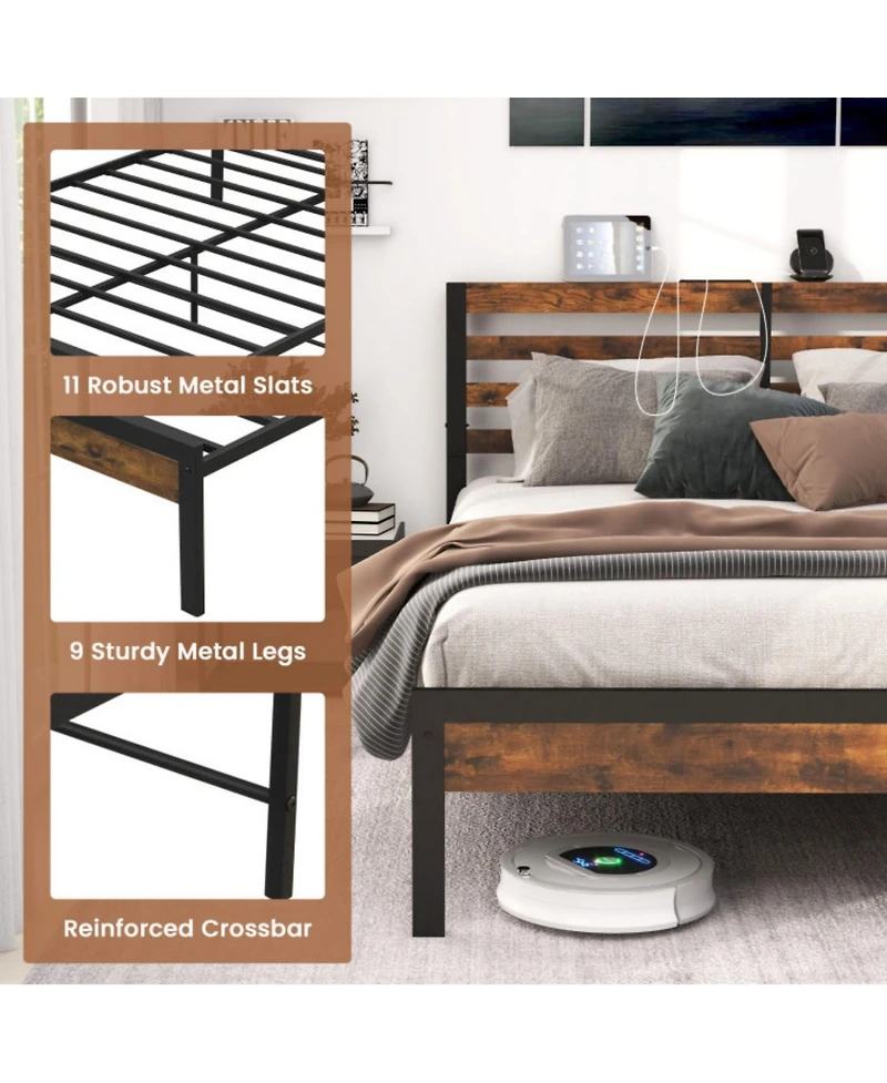 Sugift Twin Size Bed Frame with Charging Station and Storage Headboard
