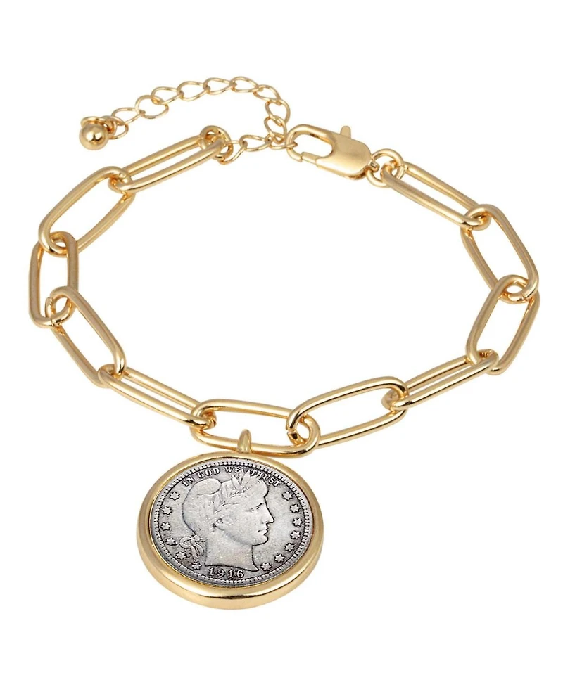American Coin Treasures 16465 Barber Dime Coin Goldtone Elongated Link Bracelet
