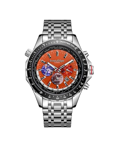 SE01000S Swan & Edgar Hand Assembled World Timer Mechanical Quartz Hybrid Orange