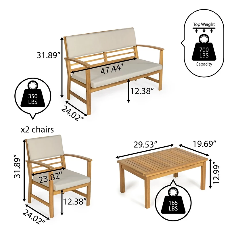Jonathan Y Barclay 4-Piece Modern Coastal Acacia Wood Conversation Outdoor Patio Set with Cushions, Orange/Teak Brown
