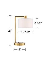 Colby Modern Accent Table Lamp 21" High with Usb and Ac Power Outlet in Base Brass White Linen Drum Shade for Bedroom Living Room House Home Desk Beds