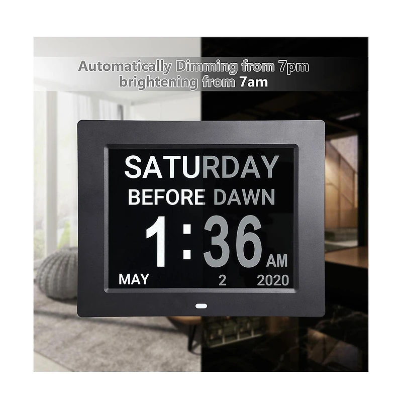 8" Large Digital Lcd Day Clock 6-Alarm Dimmable Calendar Dementia Home Wall Table Black