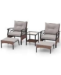 5 Pcs Patio Furniture Set with 2-Tier Coffee Table & 2 Ottomans Cushions Included