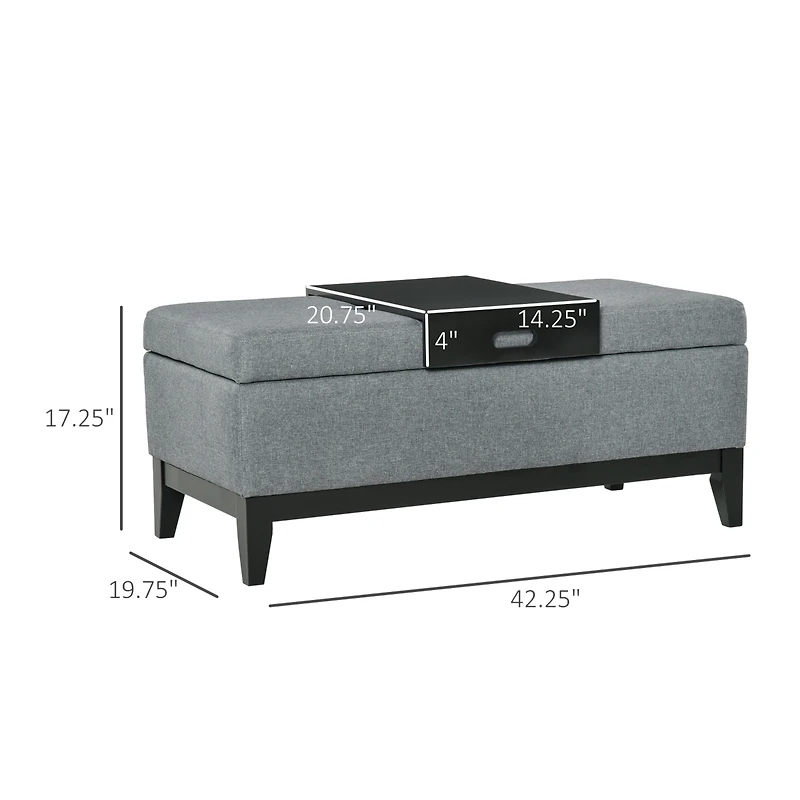 Fabric Upholste Storage Ottoman Recgular Bench Wood Leg Furniture W/Tray