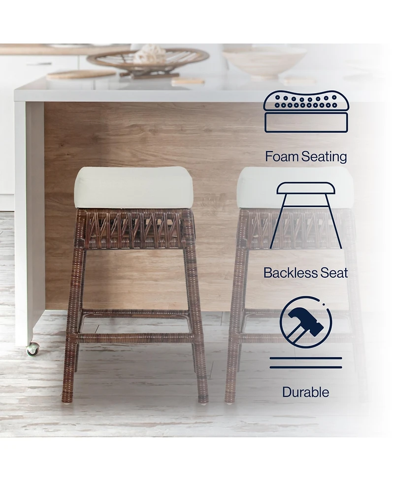Jonathan Y Bali 25.5" Bohemian Basics Rattan Backless Counter Stool, White Cushion with Dark Brown Woven Frame