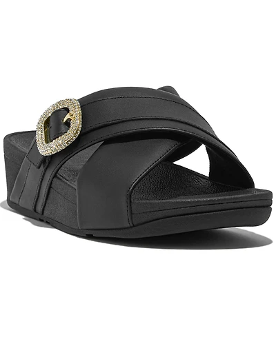 FitFlop Women's Lulu Crystal Buckle Leather Cross Slides Flats