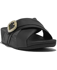 FitFlop Women's Lulu Crystal Buckle Leather Cross Slides Flats