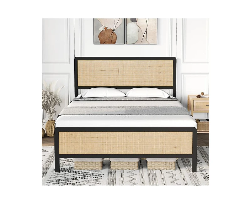 gaomon Queen Metal Bed Frame with Rattan Headboard and Footboard, Platform Safe Rounded Corners, Under Storage, Strong S