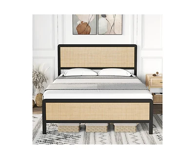 gaomon Queen Metal Bed Frame with Rattan Headboard and Footboard, Platform Safe Rounded Corners, Under Storage, Strong S