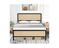 gaomon Queen Metal Bed Frame with Rattan Headboard and Footboard, Platform Safe Rounded Corners, Under Storage, Strong S