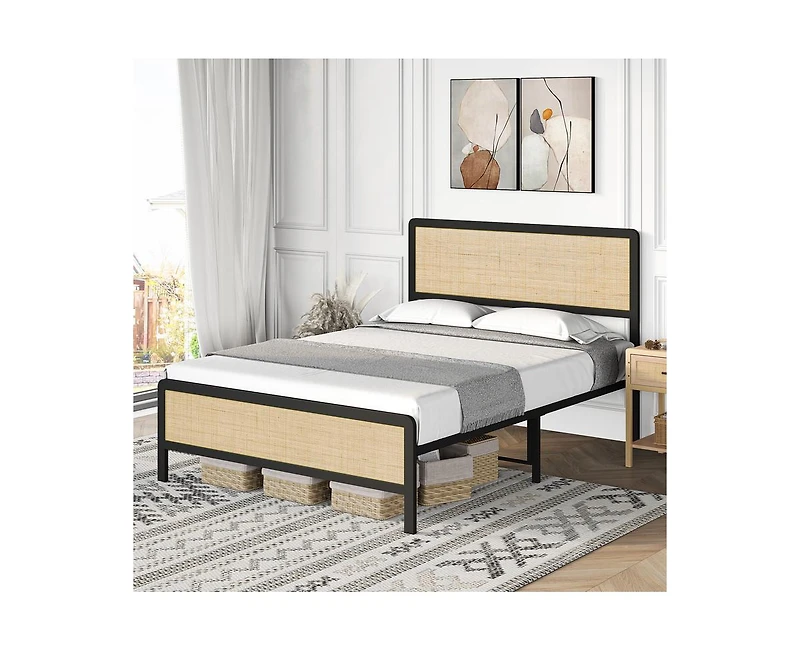 gaomon Queen Metal Bed Frame with Rattan Headboard and Footboard, Platform Safe Rounded Corners, Under Storage, Strong S
