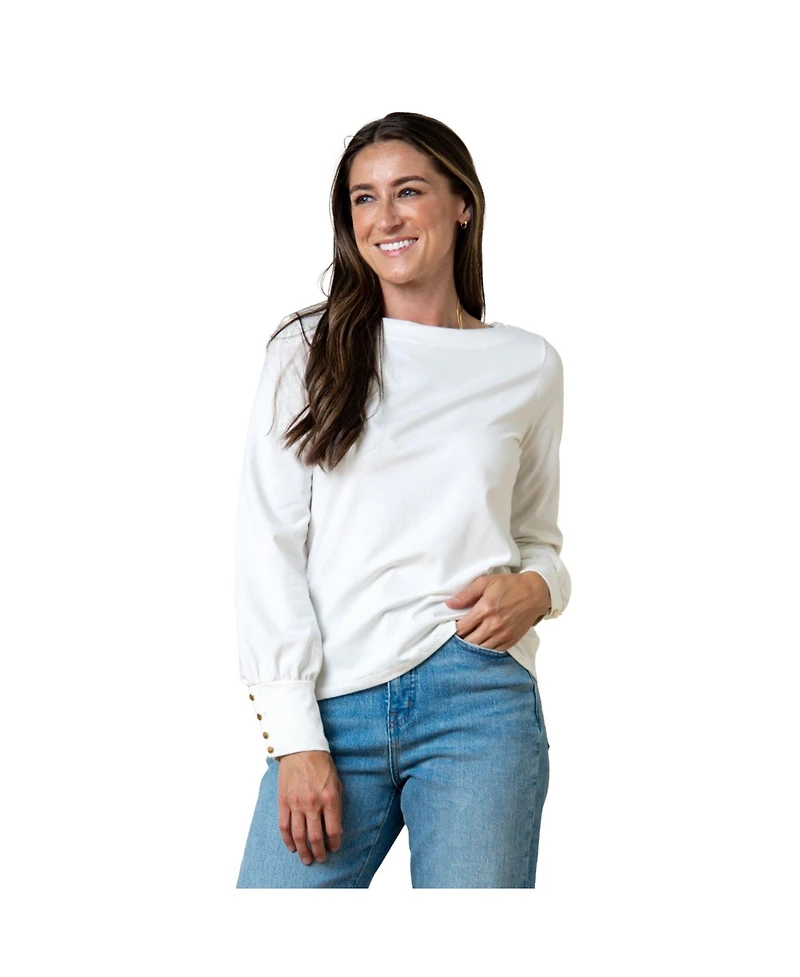 Hope & Henry Women's Organic Bellow Sleeve Knit Top with Button Cuffs