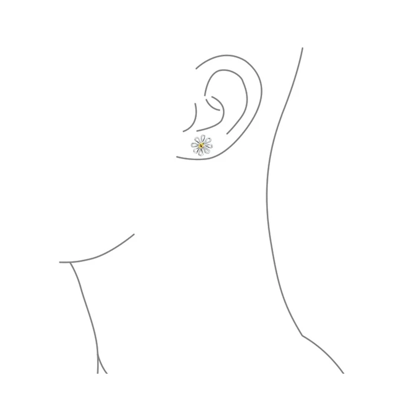 Bling Jewelry Summer Spring Time Two Tone Charm Sunflower Daisy Flower Stud Earring Yellow Gold Plated Sterling Silver