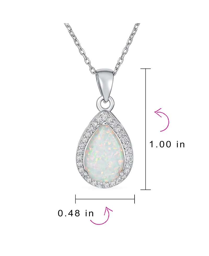 Bling Jewelry Elegant Cz Accent Halo Solitaire White Rainbow Synthetic Opal Teardrop Necklace Pendant For Women Sterling Silver
