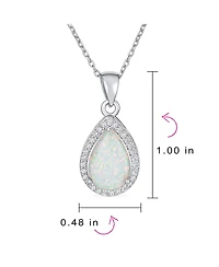 Bling Jewelry Elegant Cz Accent Halo Solitaire White Rainbow Synthetic Opal Teardrop Necklace Pendant For Women Sterling Silver