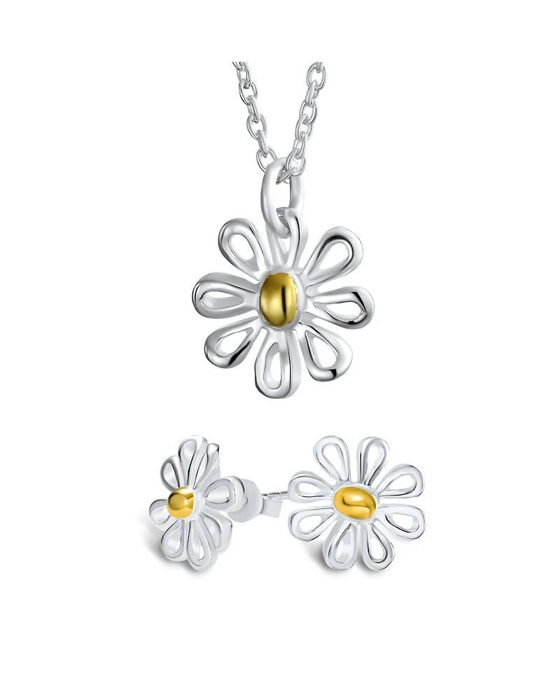 Bling Jewelry Daisy Pendant Necklace and Stud Earrings Jewelry Set Gold Plated Sterling Silver