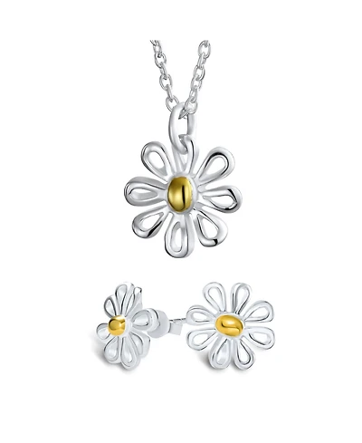 Bling Jewelry Daisy Pendant Necklace and Stud Earrings Jewelry Set Gold Plated Sterling Silver