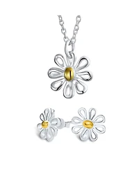 Bling Jewelry Daisy Pendant Necklace and Stud Earrings Jewelry Set Gold Plated Sterling Silver
