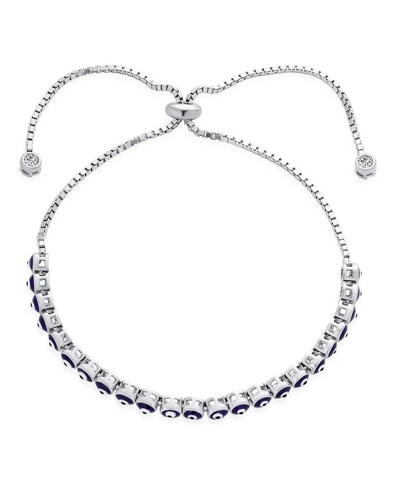 Bling Jewelry Round Shape Spiritual Protection Thin Layering Navy Blue Evil Eye Bolo Slide Style Bracelet .925 Sterling Silver Adjustable