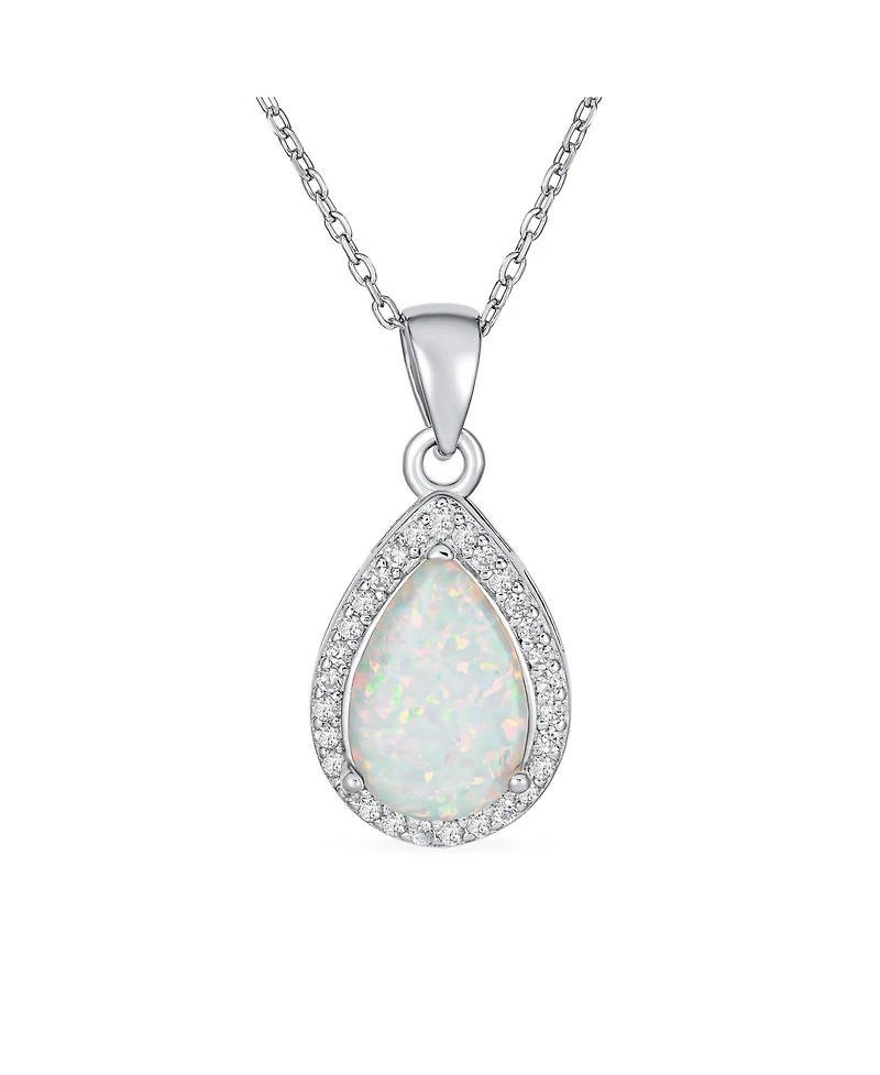 Bling Jewelry Elegant Cz Accent Halo Solitaire White Rainbow Synthetic Opal Teardrop Necklace Pendant For Women Sterling Silver