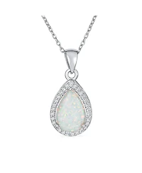 Bling Jewelry Elegant Cz Accent Halo Solitaire White Rainbow Synthetic Opal Teardrop Necklace Pendant For Women Sterling Silver