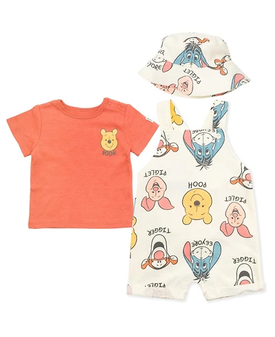 Winnie the Pooh Baby Boys Tigger French Terry Short Overalls T-Shirt and Hat 3 Piece Outfit Set