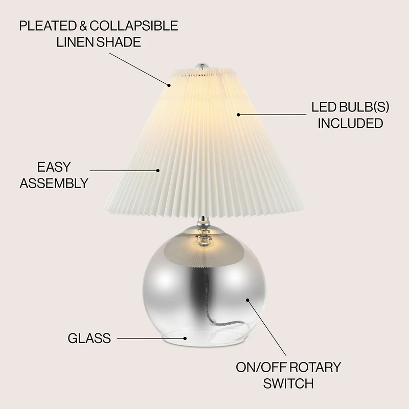 Jonathan Y Louisa 22.5" Mid-Century Modern Round Glass/Iron Pleated Shade Led Table Lamp, Smoke Gradient/Chrome