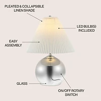 Jonathan Y Louisa 22.5" Mid-Century Modern Round Glass/Iron Pleated Shade Led Table Lamp, Smoke Gradient/Chrome