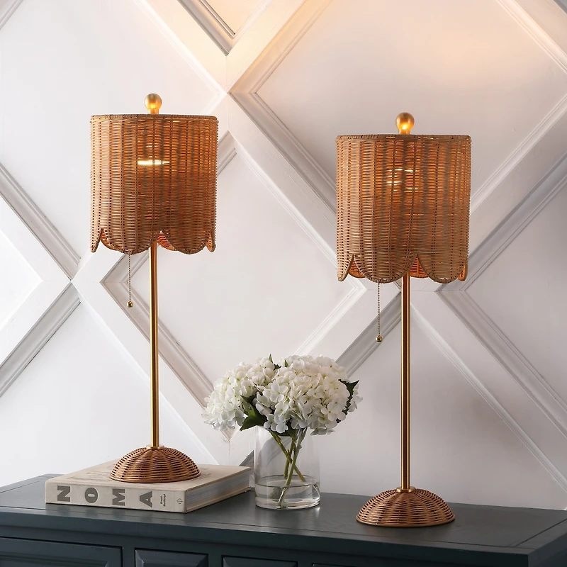 Jonathan Y Celerie 27.5" Coastal Bohemian Rattan/Iron Scalloped Buffet Led Table Lamp with Pull Chain, Natural/Brass Gold (Set of 2)