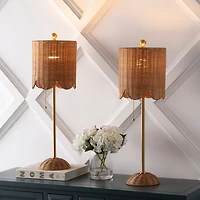 Jonathan Y Celerie 27.5" Coastal Bohemian Rattan/Iron Scalloped Buffet Led Table Lamp with Pull Chain, Natural/Brass Gold (Set of 2)