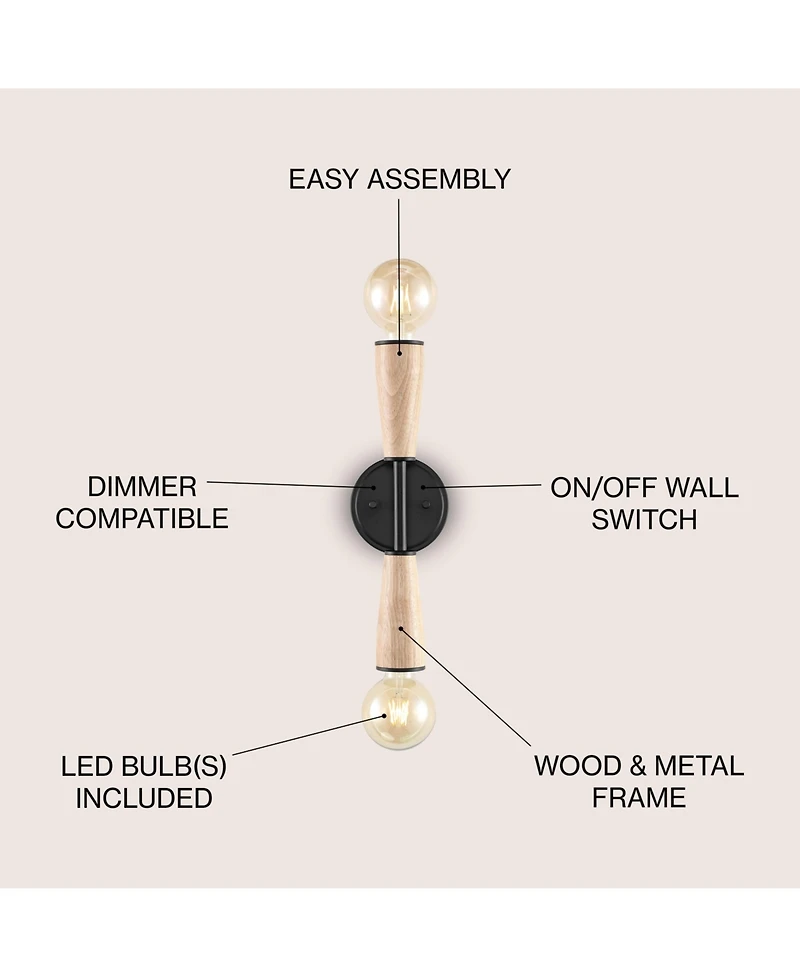 Jonathan Y Katia 5.13" 2-Light Modern Designer Iron/Wood Double Sided Hourglass Led Sconce, Light Brown/Black