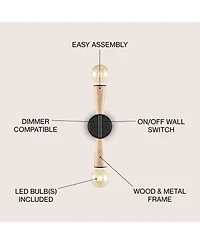 Jonathan Y Katia 5.13" 2-Light Modern Designer Iron/Wood Double Sided Hourglass Led Sconce, Light Brown/Black