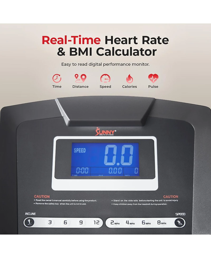 Sunny Health & Fitness Premium Smart Treadmill with Auto Incline, Speed Buttons, Double Deck Technology, Digital Performance Display, Bmi Calculator a