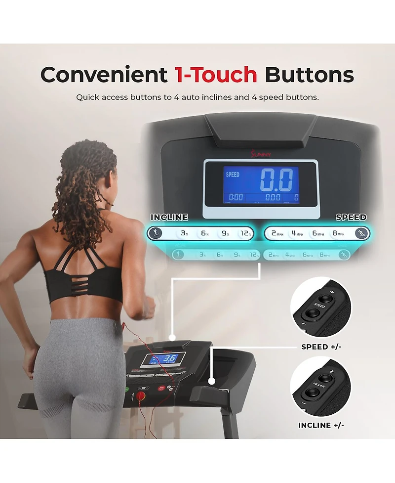 Sunny Health & Fitness Premium Smart Treadmill with Auto Incline, Speed Buttons, Double Deck Technology, Digital Performance Display, Bmi Calculator a