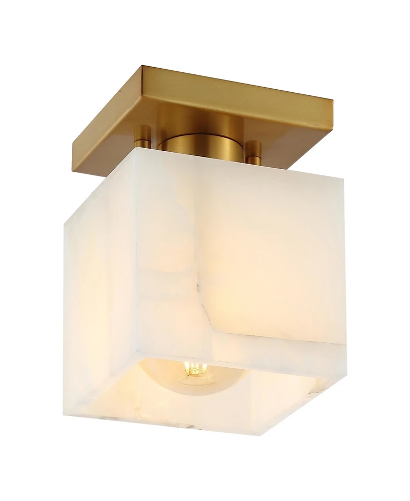 Jonathan Y Alessia 5" 1-Light Modern Contemporary Alabaster/Iron Cube Led Semi Flush Mount, White Marbling/Brass Gold